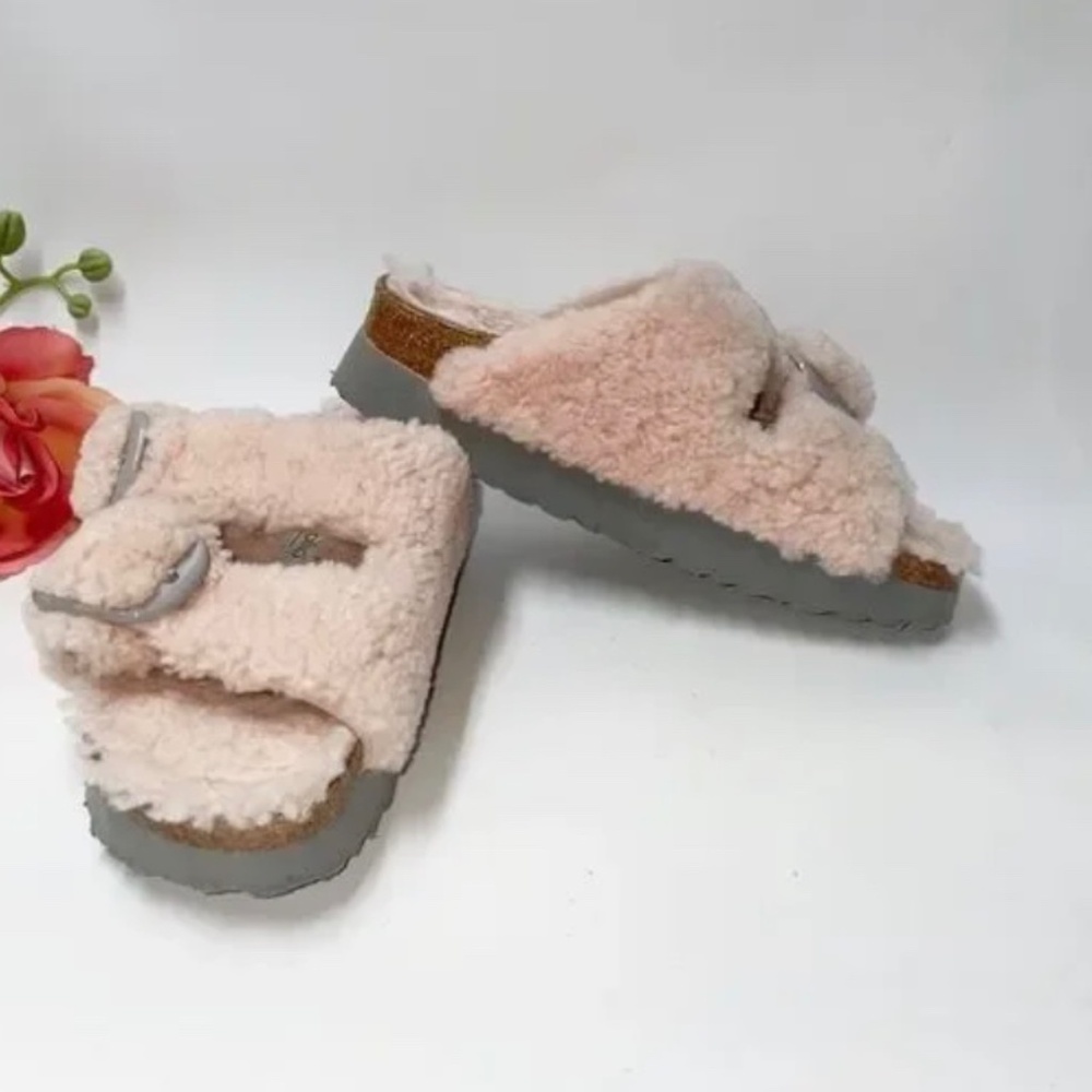 Birkenstock Papillio Arizona Big Buckle Teddy Shearling Plateau Sandals 36